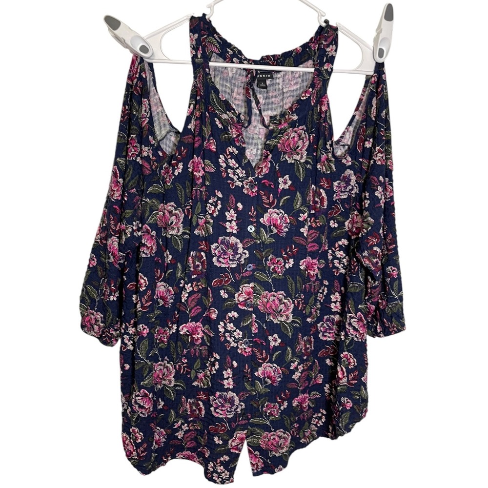 Torrid 3 Navy Blue Floral Cold‎ Shoulder Blouse Button Front Boho Cottagecore